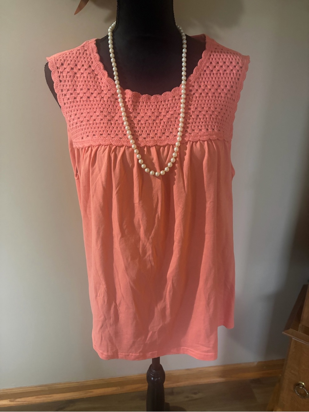 Time and Tru Coral Crochet Yoke Tank Top